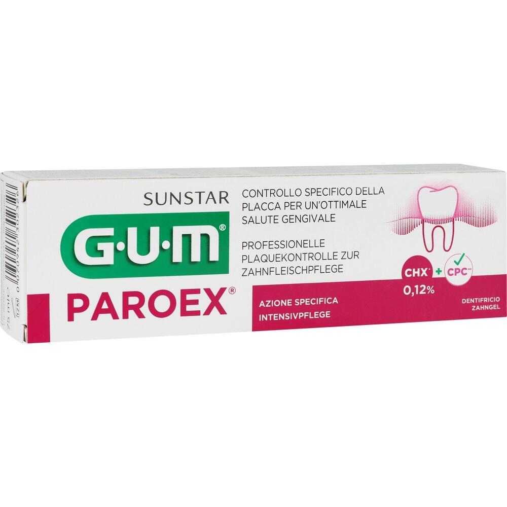 Eine Zahnpasta-Packung der Marke GUM mit der Aufschrift "PAROEX" f&uuml;r Zahnfleischpflege.