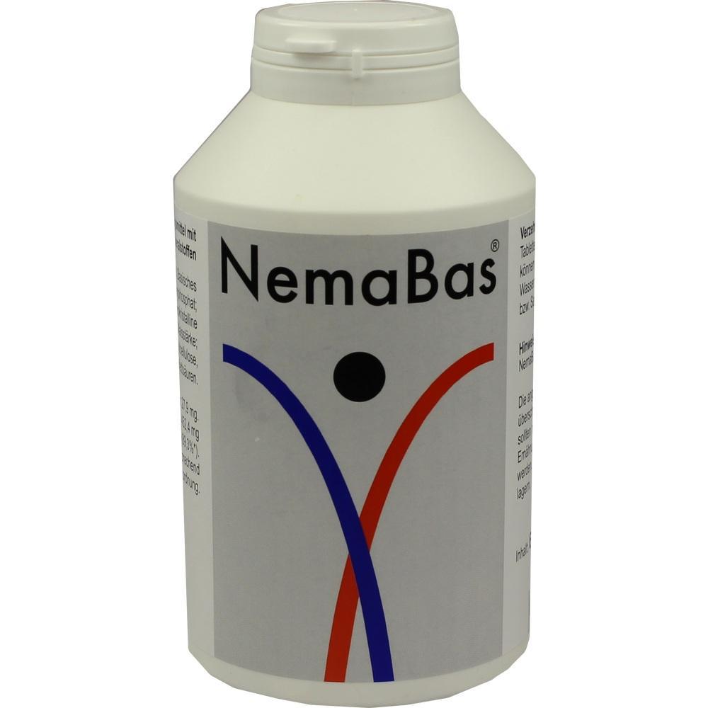 Wei&szlig;e Plastikflasche mit der Aufschrift "NemaBas" auf dem Etikett.