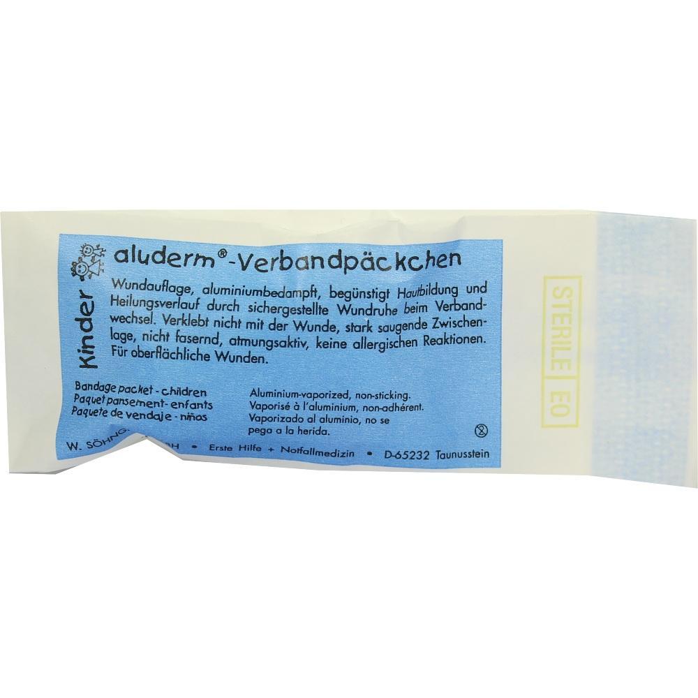 P&auml;ckchen mit blauer Aufschrift f&uuml;r ein aluderm-Verbandp&auml;ckchen f&uuml;r Kinder.