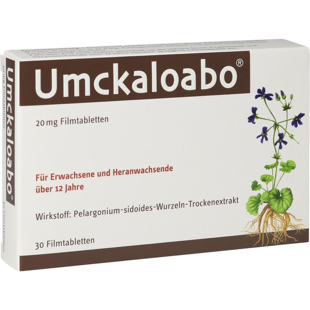Eine Umckaloabo-Packung mit 20 mg Filmtabletten f&uuml;r Personen &uuml;ber 12 Jahre.