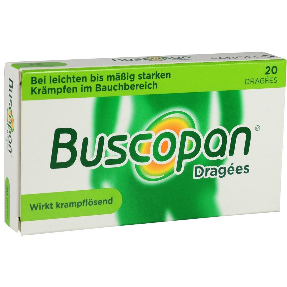 Eine Packung Buscopan Drag&eacute;es gegen Bauchkr&auml;mpfe.