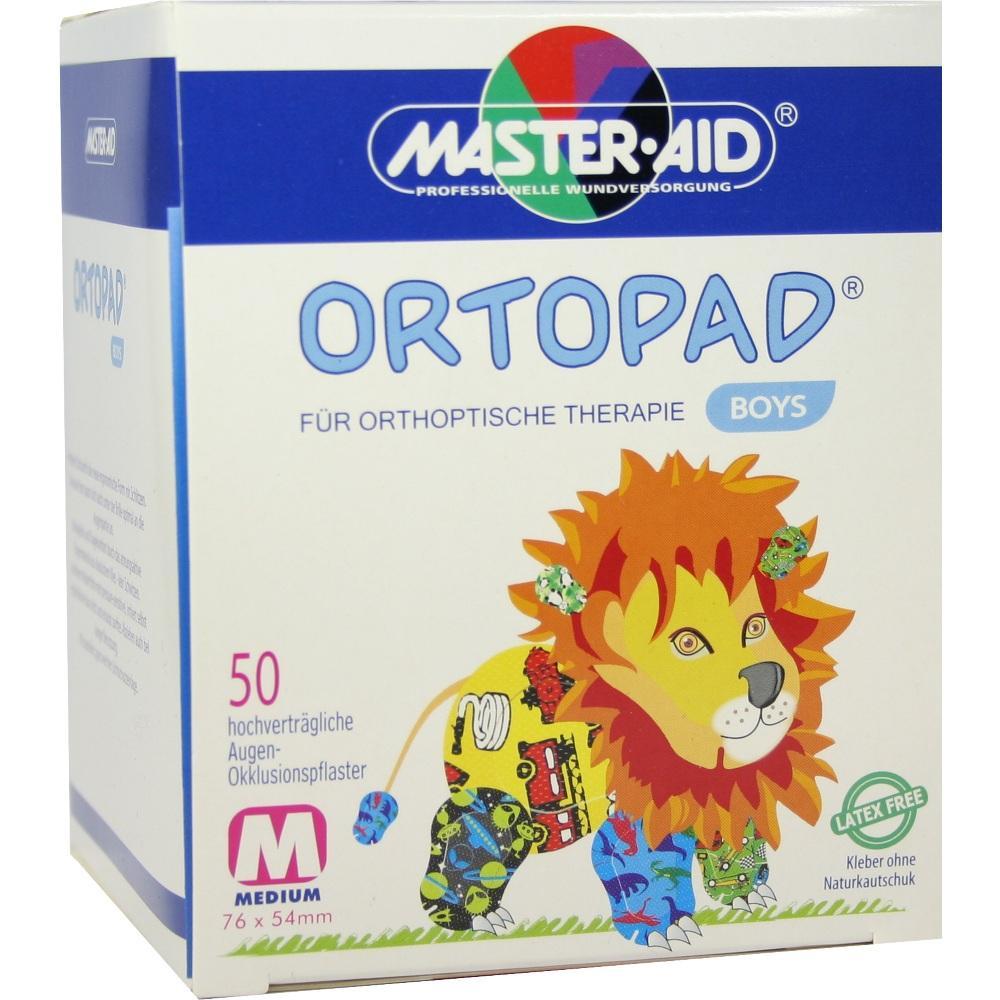 Wei&szlig;e Verpackung mit einem bunten L&ouml;wen und der Aufschrift "Ortopad" f&uuml;r Augenpflaster.