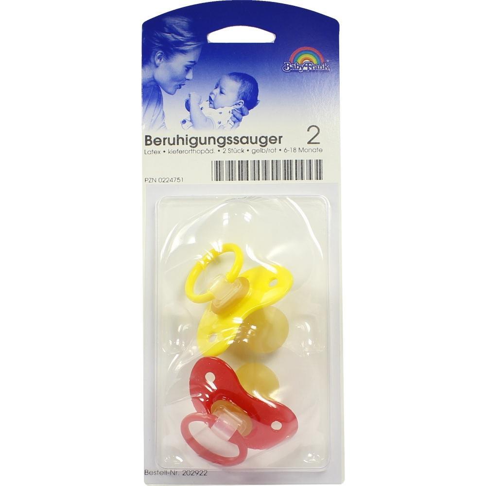 Verpackung mit zwei Schnullern in Gelb und Rot f&uuml;r Babys von 6 bis 18 Monaten.