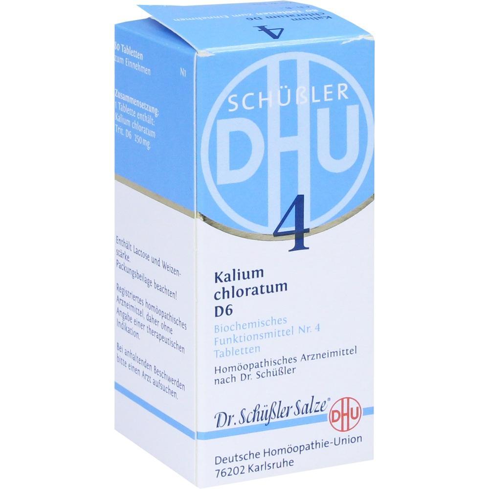 Eine Schachtel mit hom&ouml;opathischen Tabletten von Sch&uuml;&szlig;ler, Kalium chloratum D6.