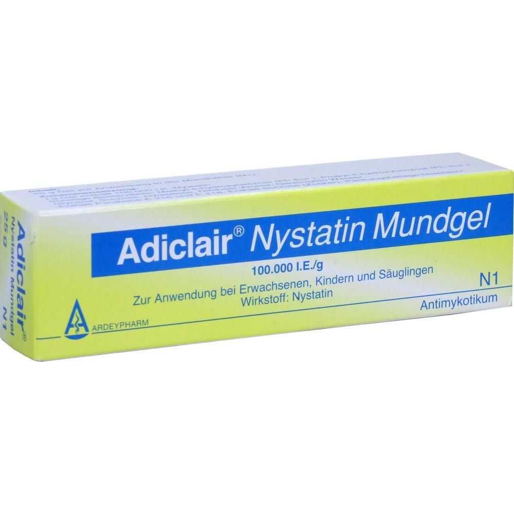 Gelbe Verpackung f&uuml;r Adiclair Nystatin Mundgel gegen Pilzinfektionen.