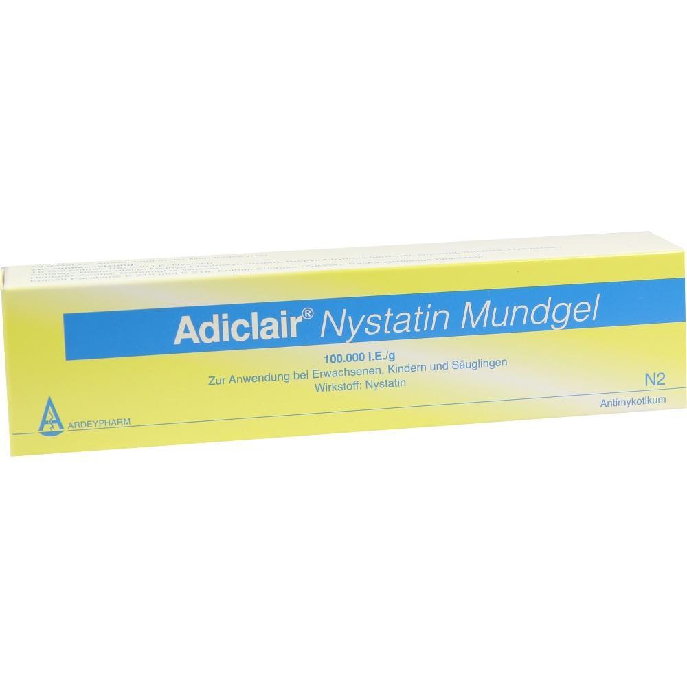 Gelbe Verpackung mit der Aufschrift "Adiclair Nystatin Mundgel".