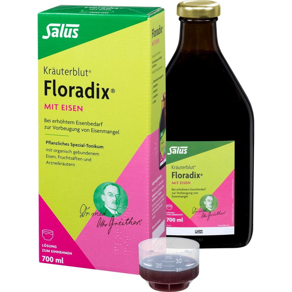 Eine Flasche und eine Packung Floradix Kr&auml;uterblut mit Eisen-Tonikum stehen aufrecht.