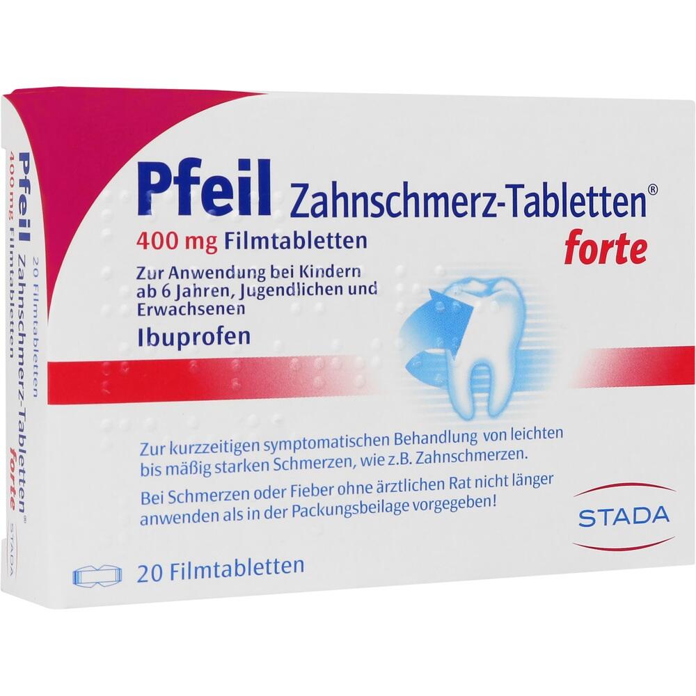 Packung Zahn-Schmerztabletten mit 400 mg Ibuprofen von Pfeil f&uuml;r Zahnschmerzen.