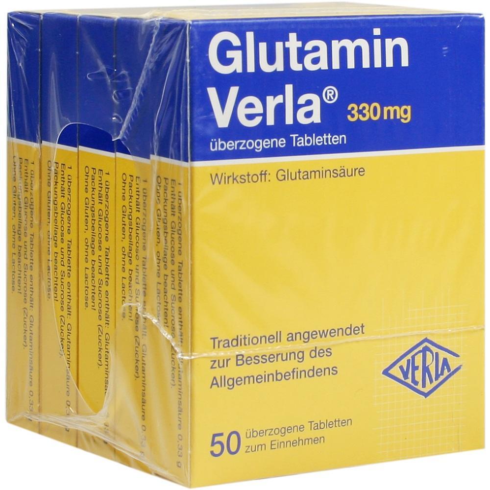 Verpackung von Glutamin Verla Tabletten mit 50 St&uuml;ck &agrave; 330 mg.