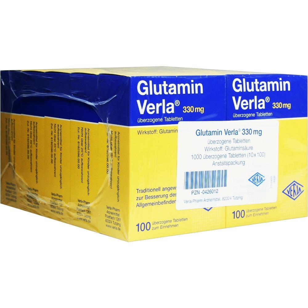 Eine große gelbe Packung mit Glutamin-Verla-Tabletten.