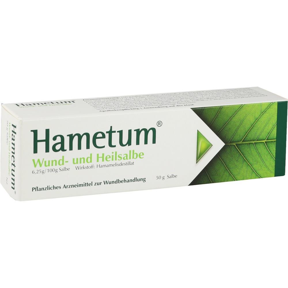 Hametum Wund- und Heilsalbe in einer weißen Verpackung mit grünem Blattmotiv.