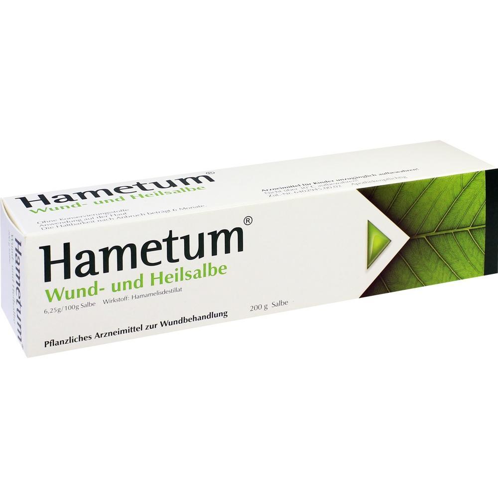 Eine Schachtel Hametum Wund- und Heilsalbe mit gr&uuml;nem Blattmotiv.