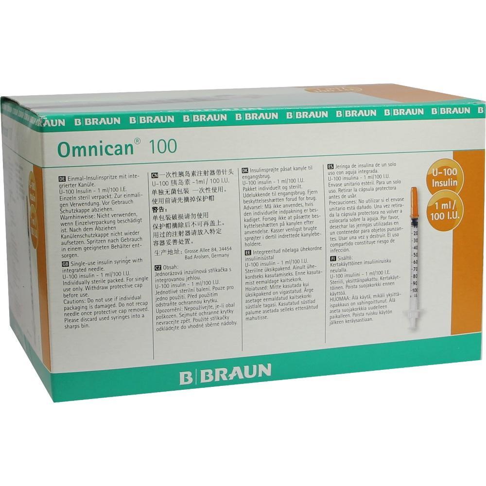 Eine Packung mit Einmal-Insulinspritzen von B. Braun namens Omnican 100.