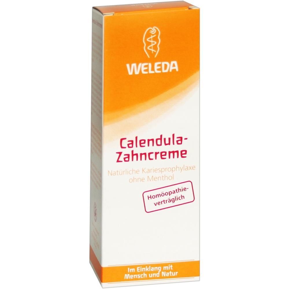 Eine Packung Calendula-Zahncreme der Marke Weleda in Orange und Wei&szlig;.