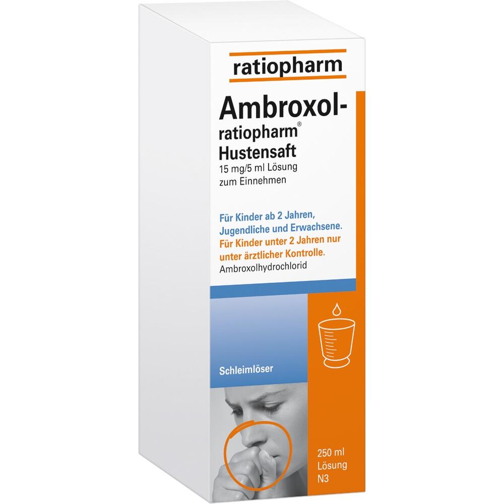 Eine Packung Ambroxol-Hustensaft von ratiopharm f&uuml;r Kinder und Erwachsene.