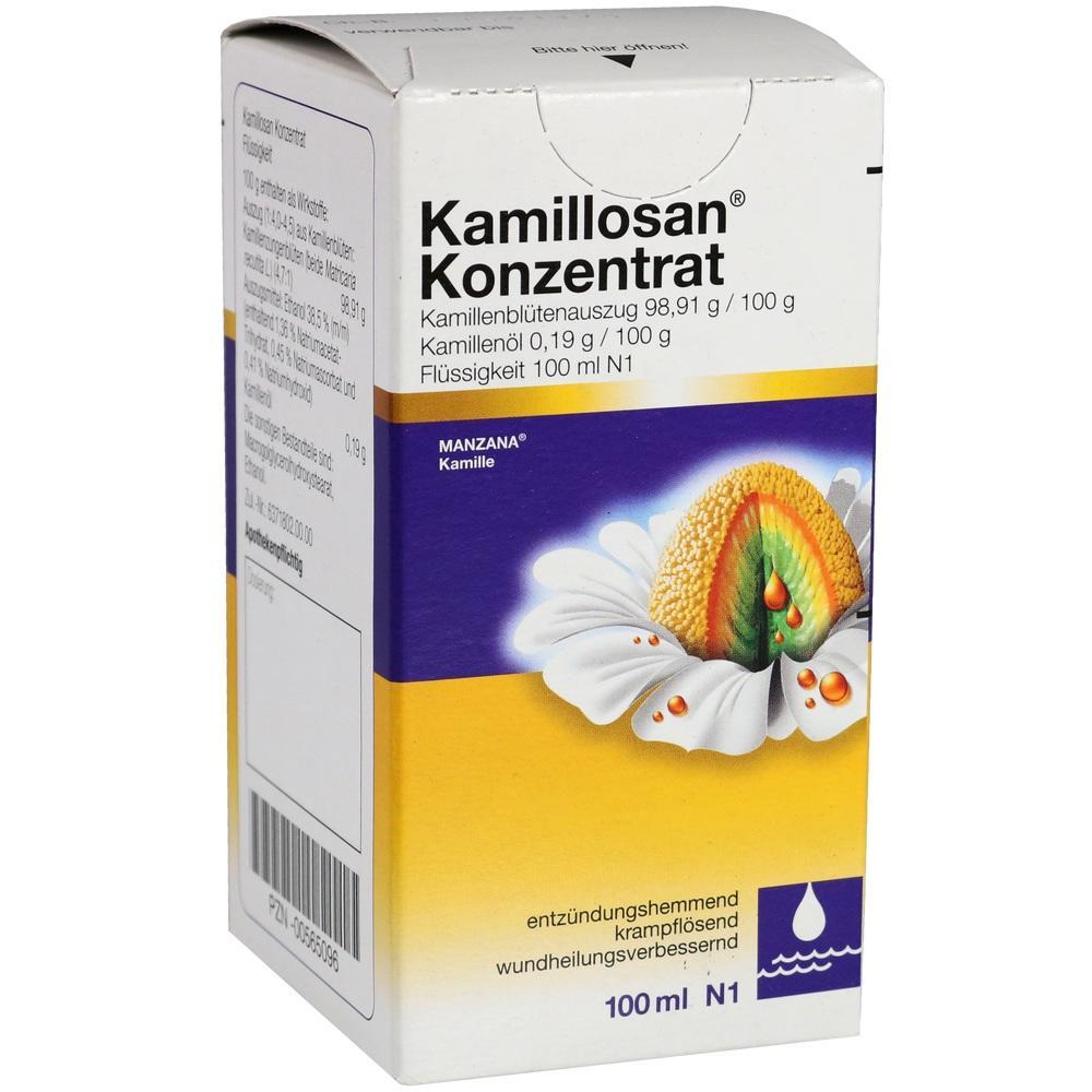Wei&szlig;e Verpackung von Kamillosan Konzentrat mit Kamillebl&uuml;te und Regenbogenmotiv.