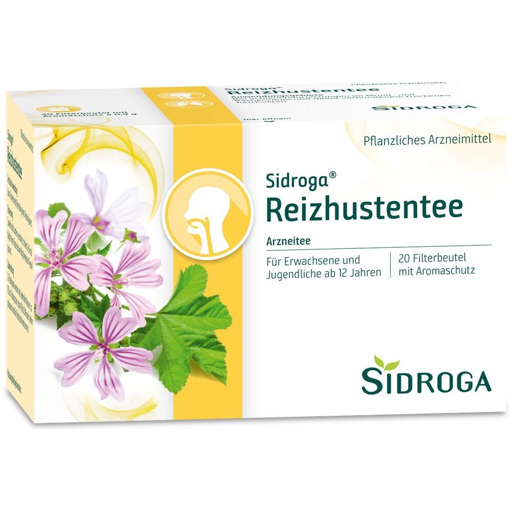 Verpackung von Sidroga Reizhustentee mit Blüten und grünen Blättern abgebildet.