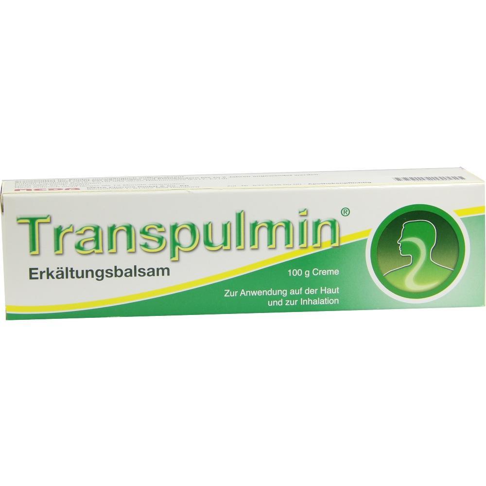 Wei&szlig;e Verpackung mit gr&uuml;nem Schriftzug "Transpulmin Erk&auml;ltungsbalsam".