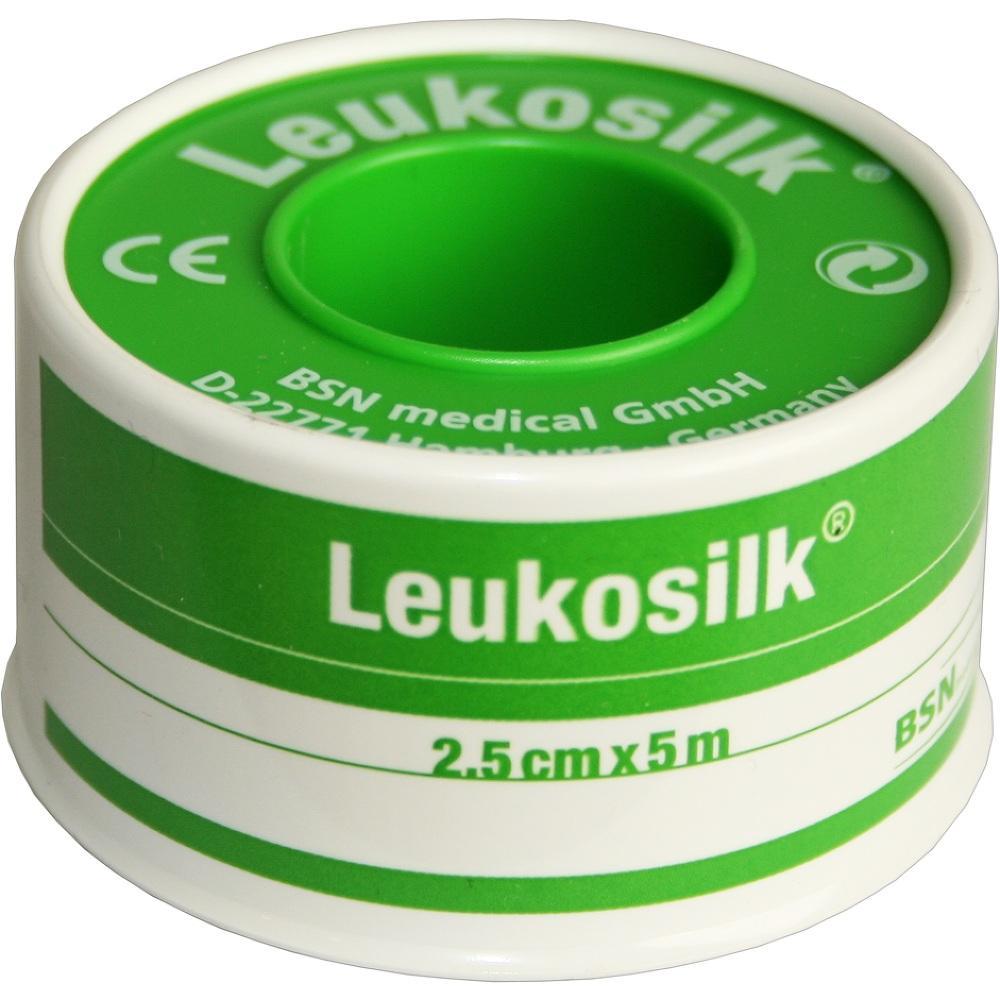 Eine Rolle gr&uuml;nes medizinisches Klebeband mit der Aufschrift "Leukosilk".