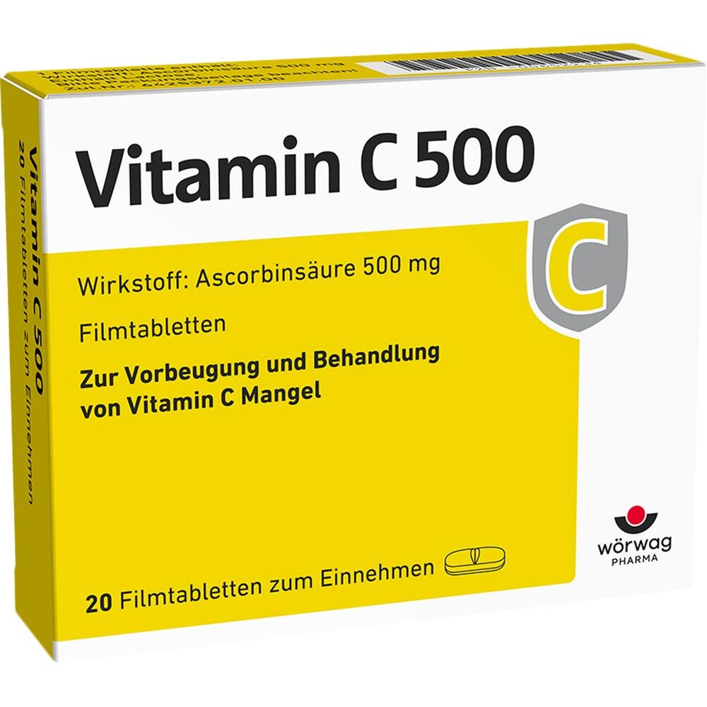 Eine Packung Vitamin C 500 mg Tabletten zur Vorbeugung von Vitamin C Mangel.