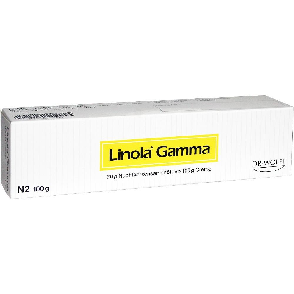 Eine wei&szlig;e Packung mit der Aufschrift &bdquo;Linola Gamma&ldquo; und einem gelbem Kasten.