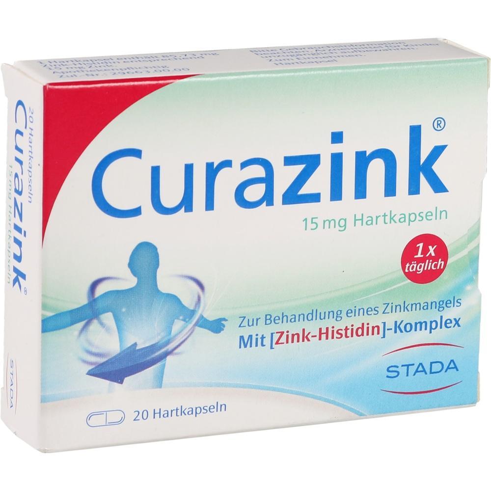 Verpackung von Curazink Hartkapseln zur Zinkmangel-Behandlung.