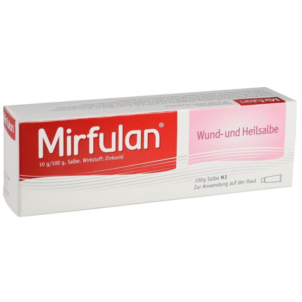 Eine wei&szlig;e Schachtel mit rotem und rosa Etikett zeigt "Mirfulan Wund- und Heilsalbe".