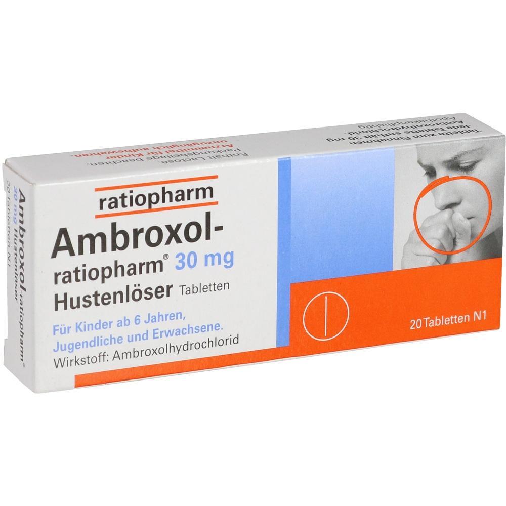 Packung Ambroxol Hustenl&ouml;ser mit 30 mg Tabletten gegen Husten.