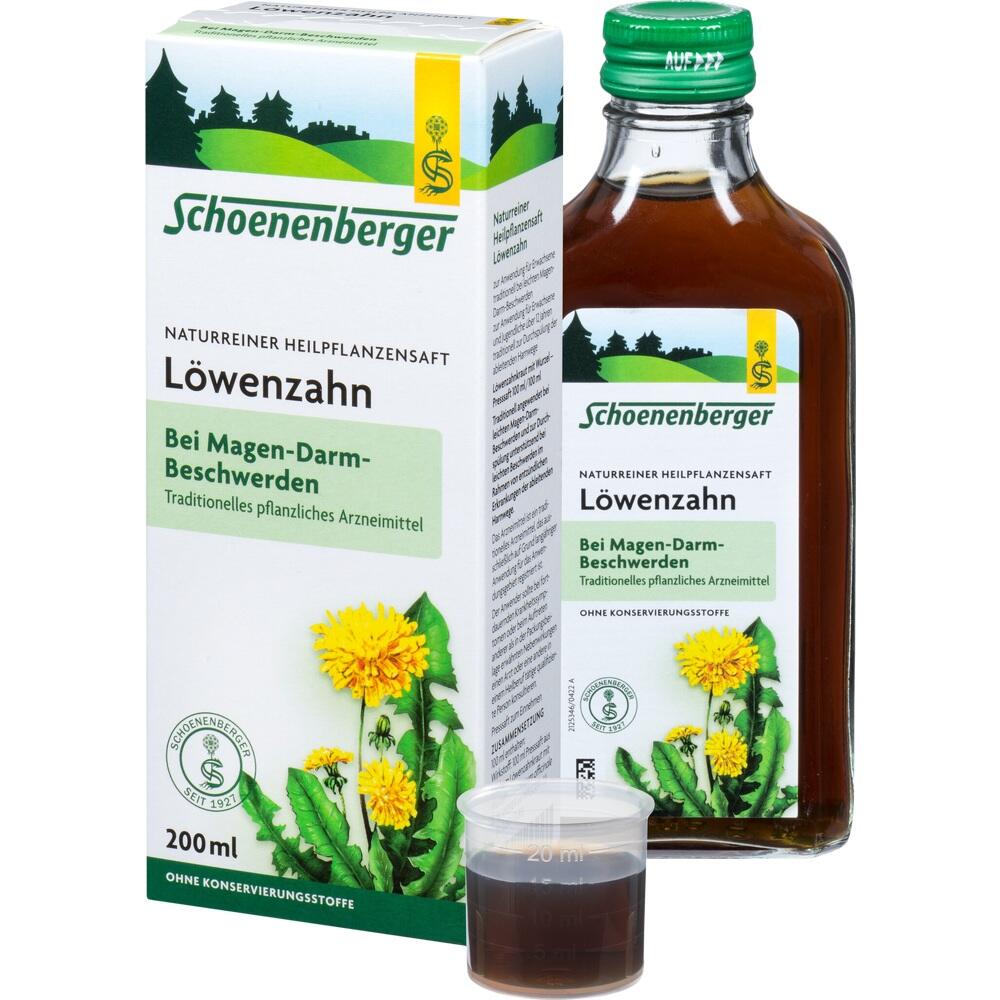 Eine Flasche L&ouml;wenzahnsaft und die dazugeh&ouml;rige Verpackung stehen nebeneinander.