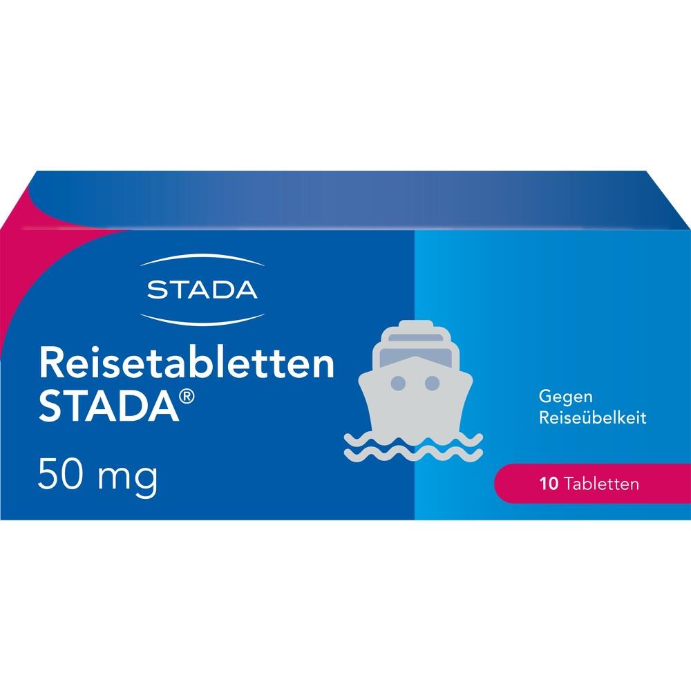 Blaue Packung mit Reisemedikamenten gegen Übelkeit, 10 Tabletten.