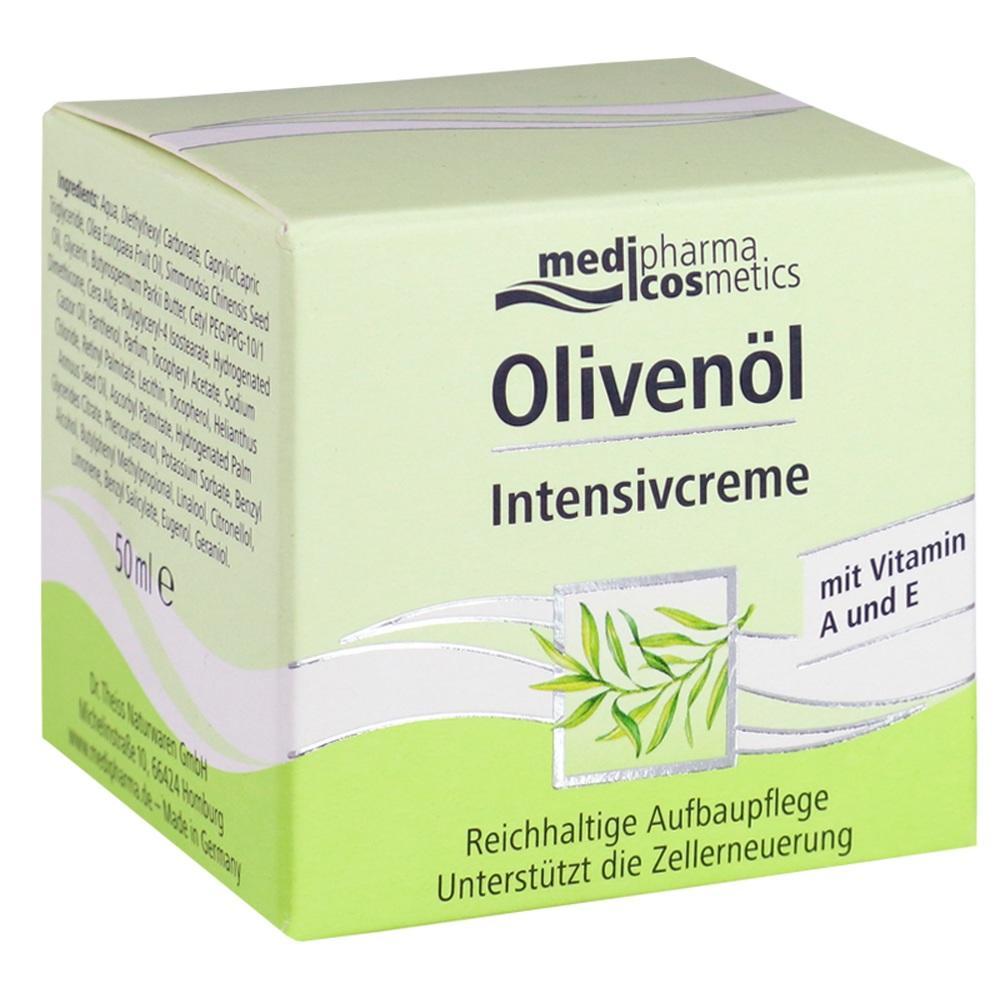 Gr&uuml;ne Verpackung einer Oliven&ouml;l-Intensivcreme mit Vitaminen A und E.