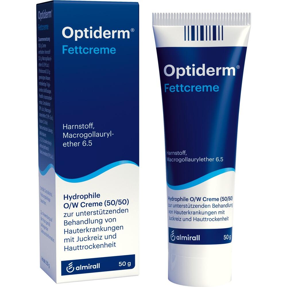 Eine Tube und Schachtel mit Optiderm Fettcreme f&uuml;r trockene Haut.
