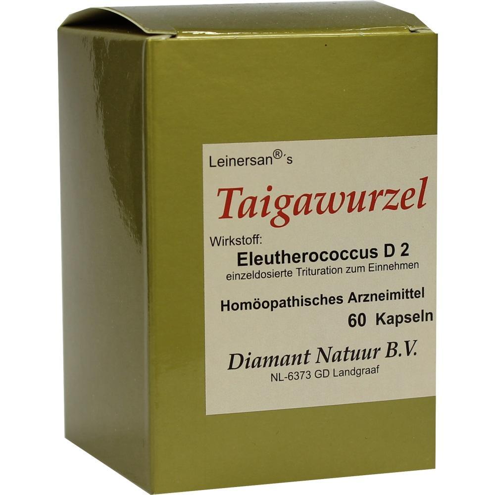 Eine gr&uuml;ne Packung mit hom&ouml;opathischen Taigawurzel-Kapseln.
