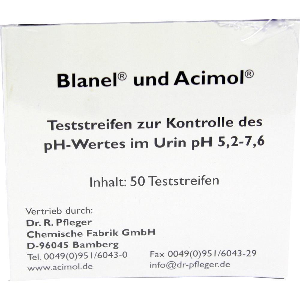 Die Packung zeigt Teststreifen zur Messung des pH-Wertes im Urin.