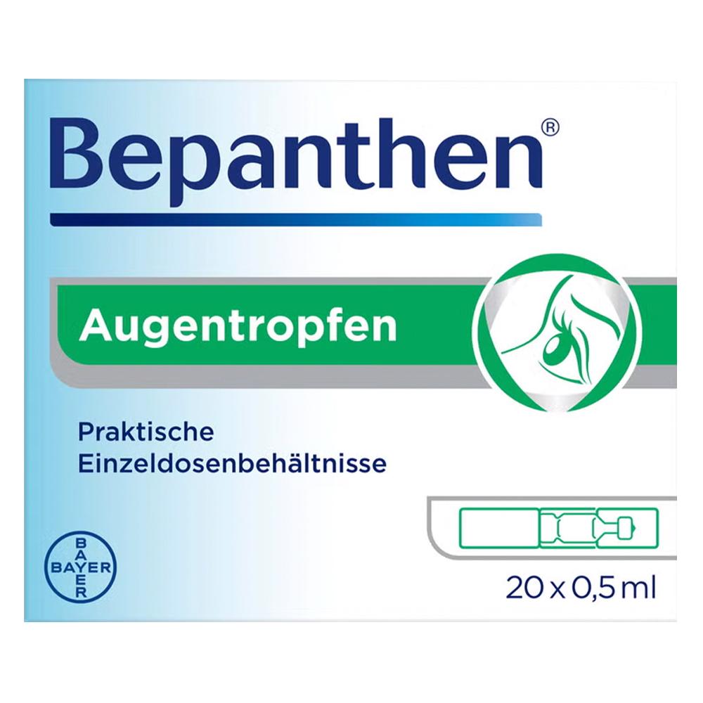 Verpackung von Bepanthen Augentropfen mit 20 Einzeldosen &agrave; 0,5 ml.