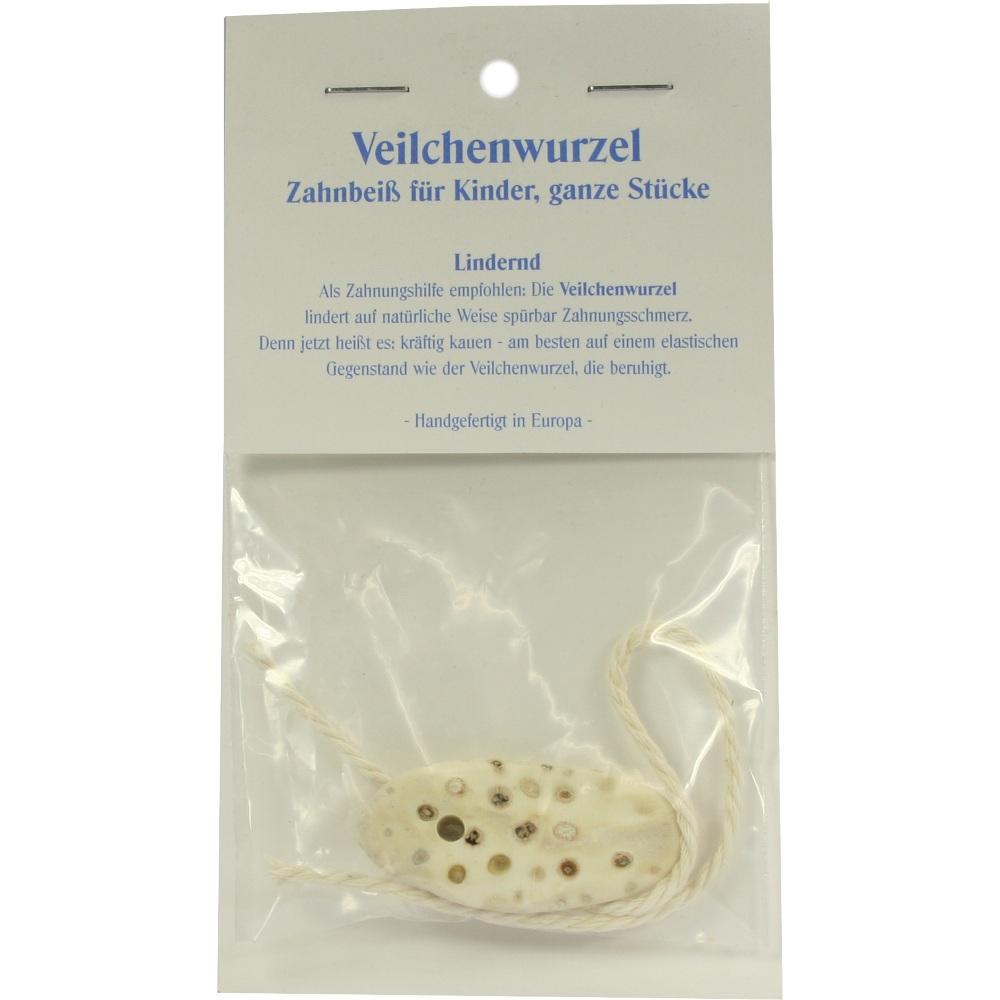 Ein Bei&szlig;ring aus Veilchenwurzel f&uuml;r Kinder, in einer transparenten Verpackung.