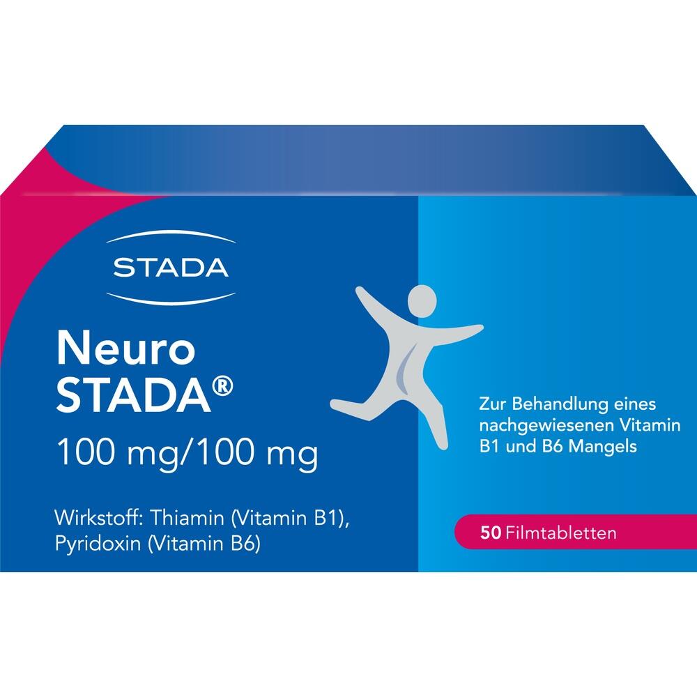Verpackung von Neuro Stada mit 50 Tabletten f&uuml;r Vitamin-B1- und B6-Mangel.