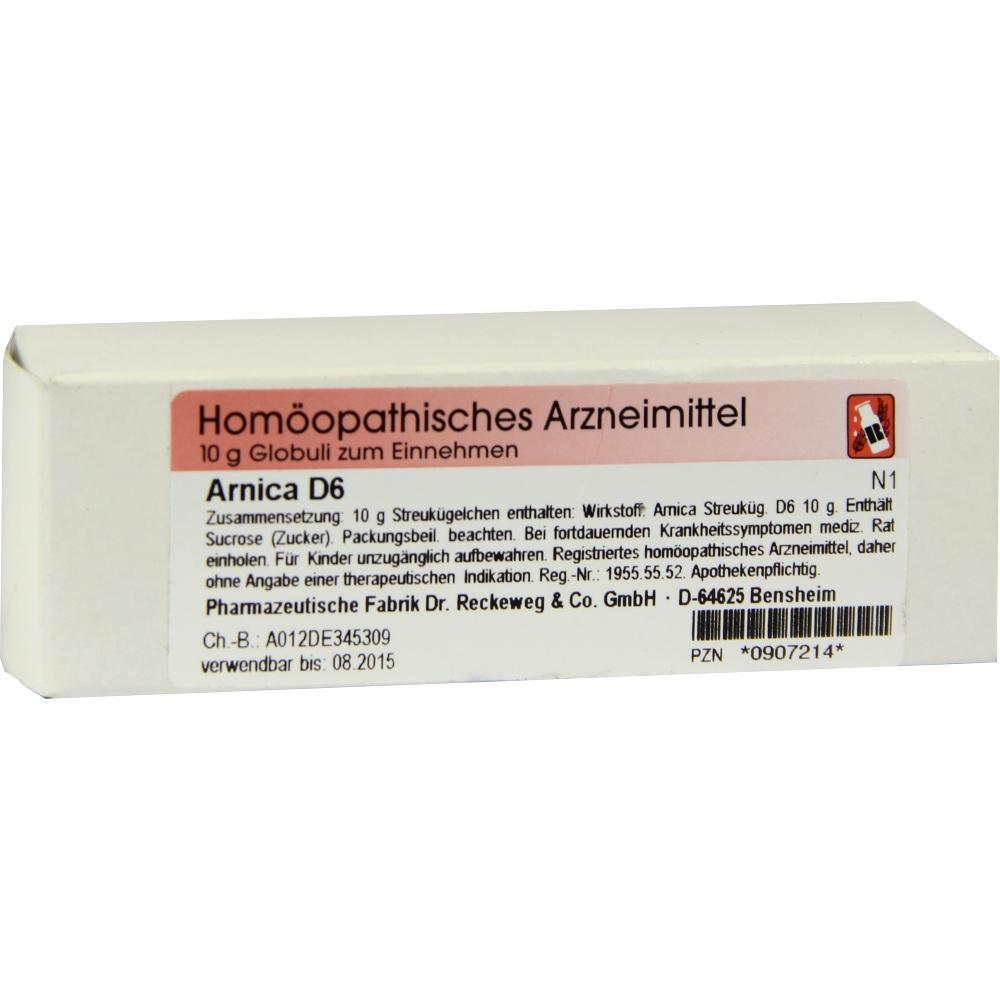 Eine wei&szlig;e Verpackung von Arnica D6 Globuli, einem hom&ouml;opathischen Arzneimittel.