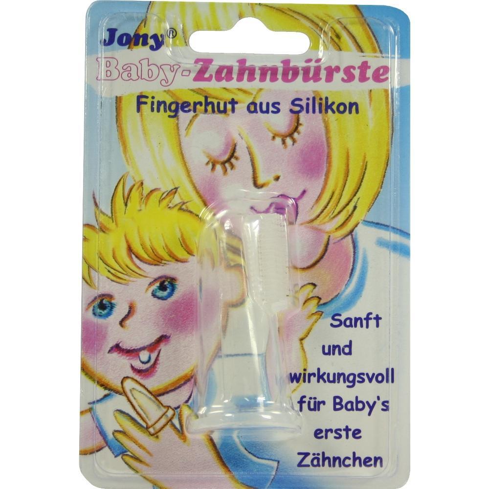 Verpackung einer Baby-Zahnb&uuml;rste aus Silikon mit Mutter und Kind darauf abgebildet.