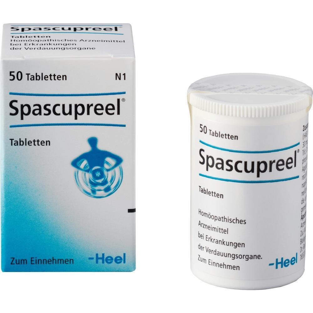Eine Packung und ein Beh&auml;lter mit Spascupreel-Tabletten stehen nebeneinander.