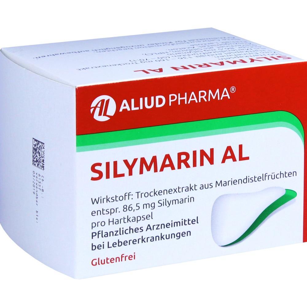 Die Verpackung zeigt ein pflanzliches Arzneimittel namens Silymarin AL.