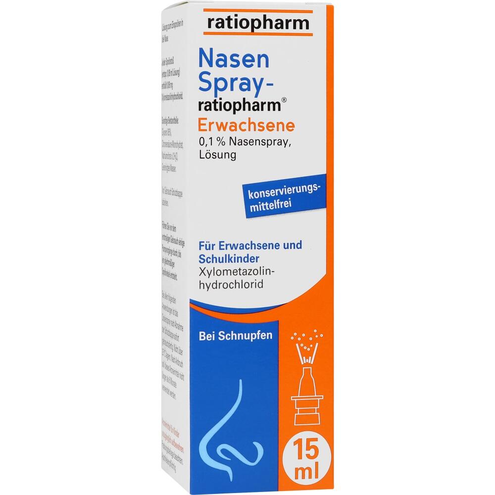 Eine Packung Nasenspray f&uuml;r Erwachsene von ratiopharm gegen Schnupfen.