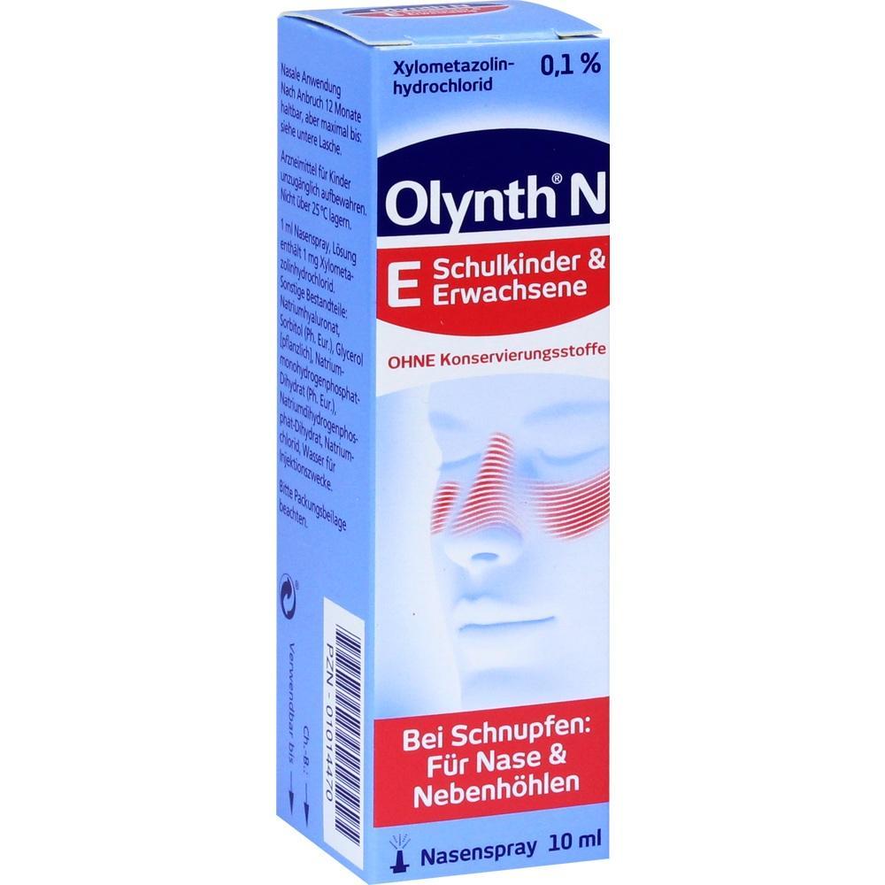 Eine Packung Olynth Nasenspray f&uuml;r Kinder und Erwachsene bei Schnupfen.
