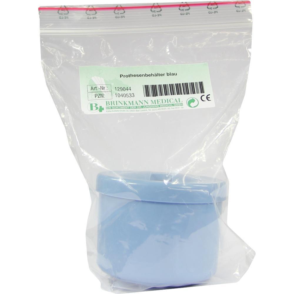 Blauer Prothesenbeh&auml;lter in einer durchsichtigen Plastikt&uuml;te.
