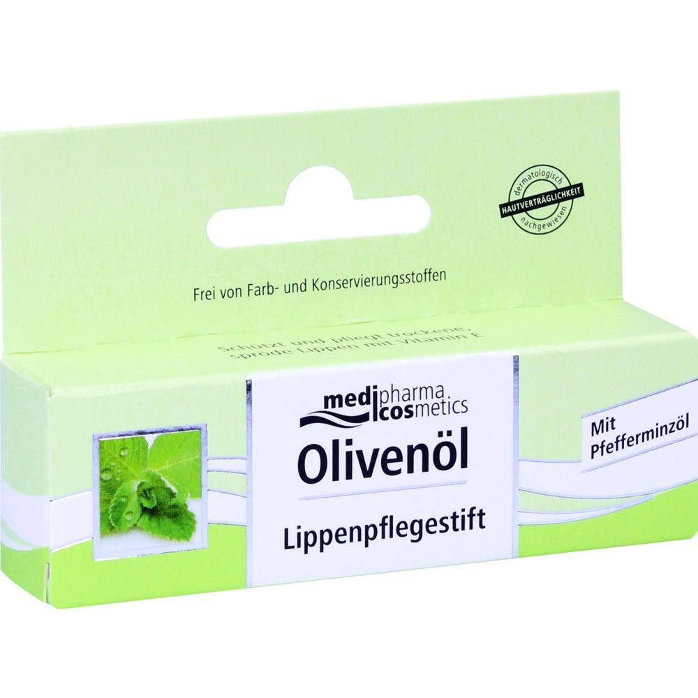 Gr&uuml;ne Verpackung eines Lippenpflegestifts mit Oliven&ouml;l und Pfefferminz&ouml;l.