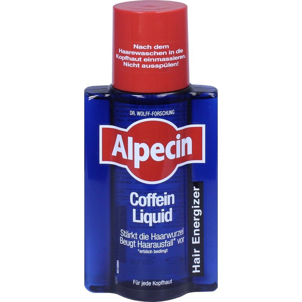 Blaues Fl&auml;schchen mit rotem Deckel, darauf steht "Alpecin Coffein Liquid".