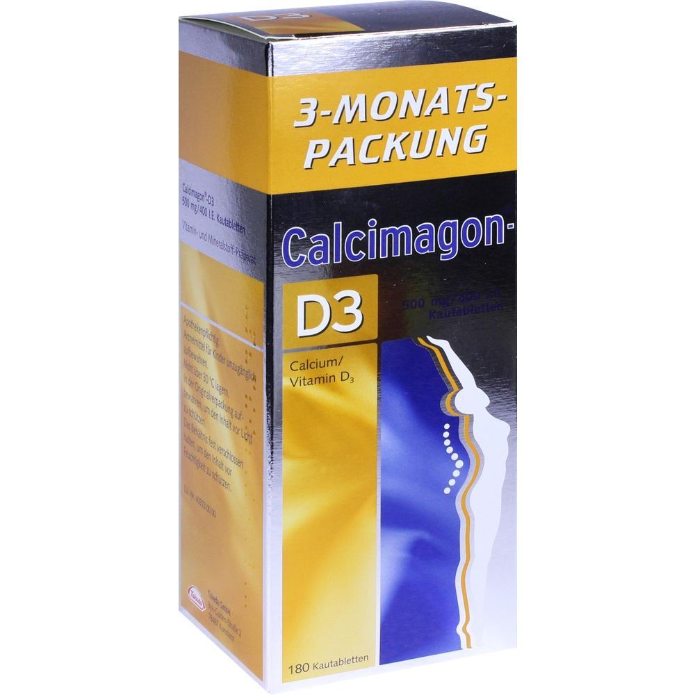 Eine gelb-blaue Packung mit Kautabletten f&uuml;r Calcium und Vitamin D3.