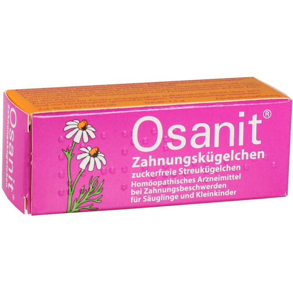 Rosa Packung von Osanit Zahnungsk&uuml;gelchen mit Kamillenbl&uuml;tenbild.