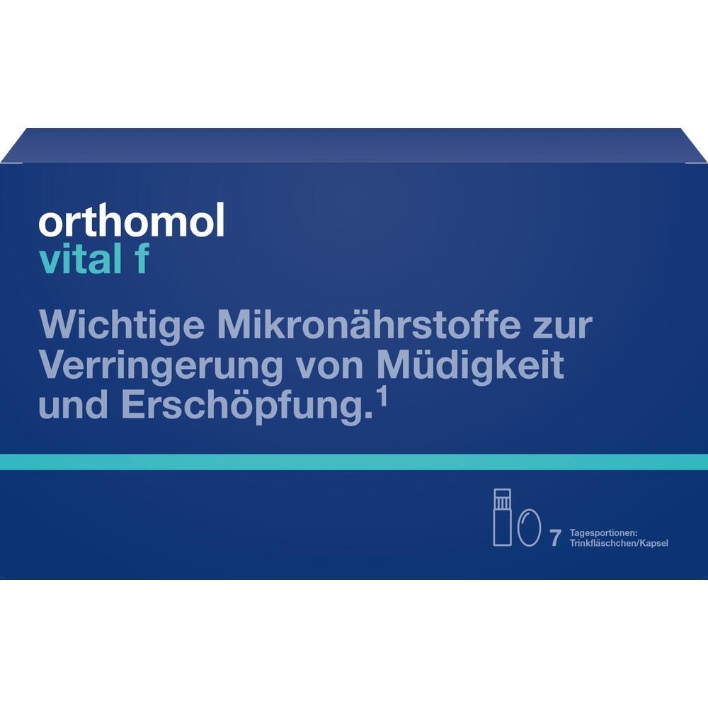 Eine blaue Verpackung von "Orthomol vital f" zur Verringerung von M&uuml;digkeit.