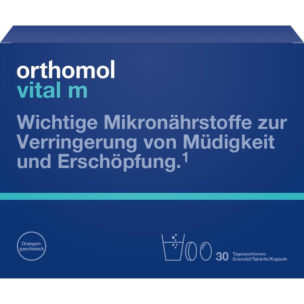 Eine blaue Packung mit Mikron&auml;hrstoffen gegen M&uuml;digkeit im Orangengeschmack.
